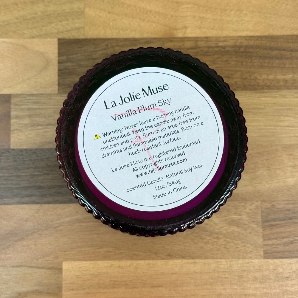 La‎ Jolie Muse Vanilla Plum Sky 12oz Natural Soy Wax Candle Purple Glass Jar Lid